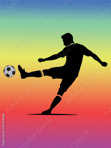 Silhouette of Soccer Player Kicking Ball on Colorful Gradient Background