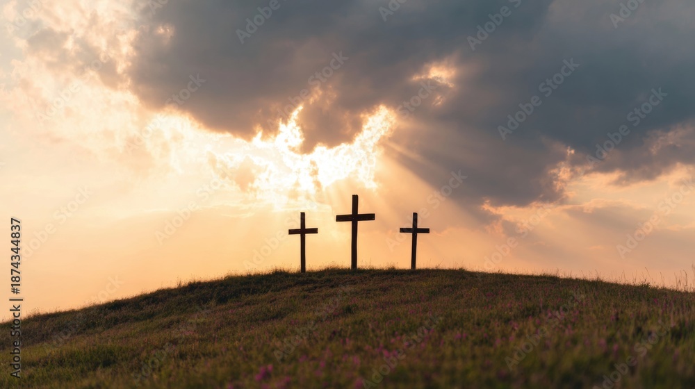 Obraz premium Crosses stand on a hill during sunset surrounded by clouds and light