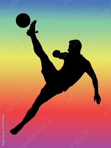 Silhouette of Soccer Player Performing Bicycle Kick on Colorful Gradient Background