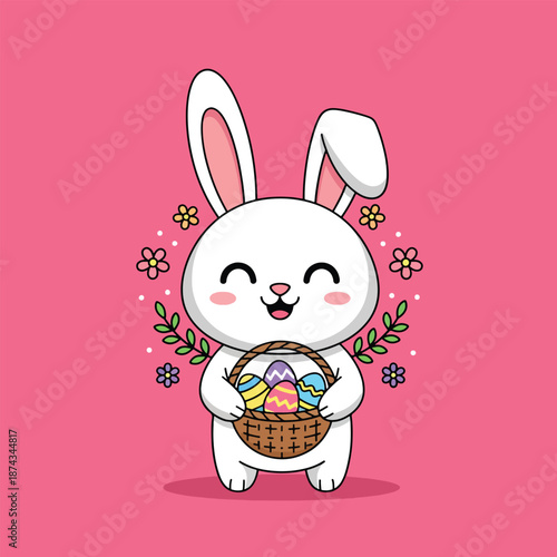 Cute Easter Bunny Holding Basket of Eggs with Flowers.