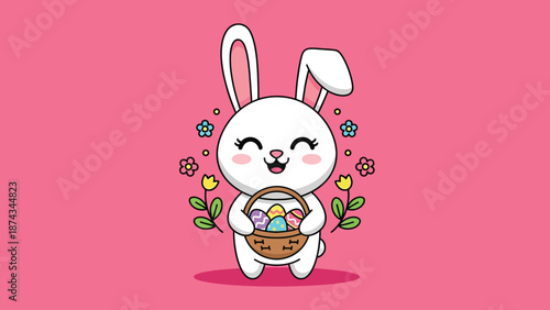 Cute Easter Bunny Holding Basket of Eggs.