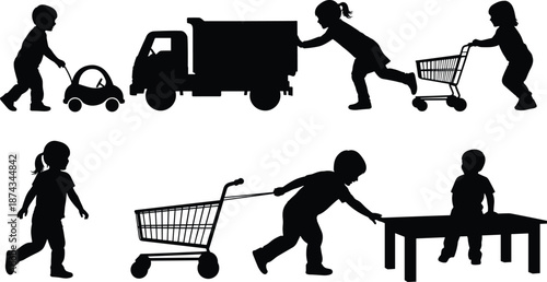Children playing silhouettes, kids pushing cart, toy truck activity, childhood games, active playtime, playful moments, black illustration set