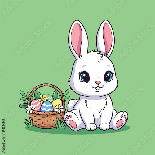 Cute Easter Bunny with Basket of Colorful Eggs on Green Background.