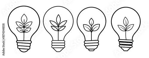 Four Line Art Light Bulbs with Plants Inside leaves