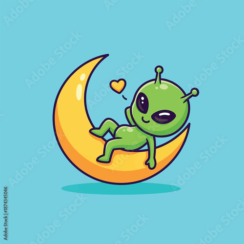 Cute green alien relaxing on crescent moon with heart.
