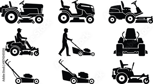 Set of black lawn mower and garden tractor silhouettes with worker cutting grass isolated on white background for landscaping design projects