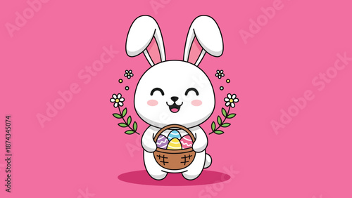 Cute Happy Easter Bunny Holding Basket of Eggs with Flowers.