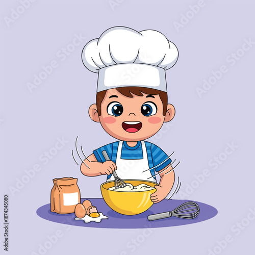 Cute little boy chef mixing ingredients in a bowl.
