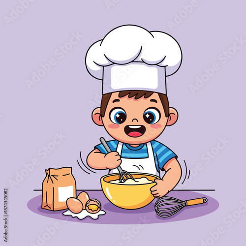 Cute little boy chef baking with ingredients.