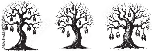Set of 3 bare tree illustrations with hanging objects