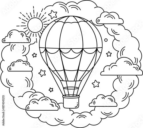 Whimsical hot air balloon outline illustration surrounded by clouds, stars, and sun elements for dreamy sky-themed designs