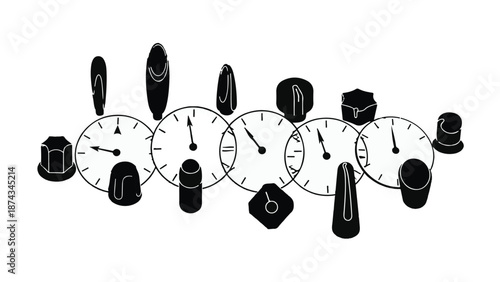 Set of industrial control dials and gauges on white background