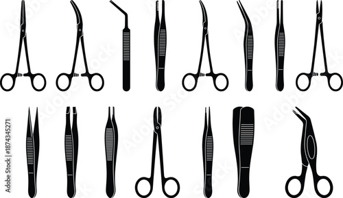 Set of black surgical instrument silhouettes including scissors and tweezers isolated on white background for medical and healthcare design projects