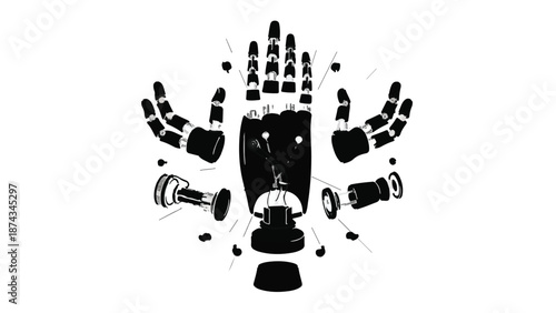 Disassembled robotic hand in black and white