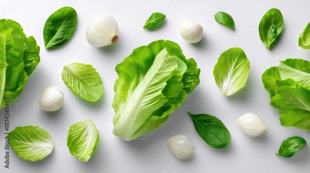 Obraz premium Fresh and Vibrant Green Leaves with White Onions Arranged on White Background Ideal for Healthy Cooking or Nutrition Lifestyle Concept