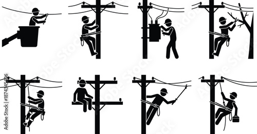 Set of black electrician worker silhouettes repairing power lines and utility poles isolated on white background for safety training design