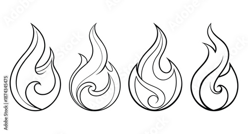 Fire Flame Line Art Vector Set Outline Burning Icons