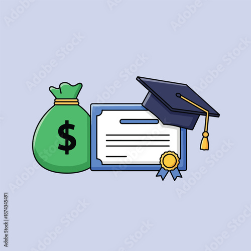 Graduation cap diploma and money bag representing education funding.