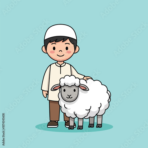 Happy Muslim Boy with Sheep for Eid alAdha Celebration.