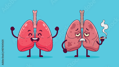 Healthy Lungs vs Diseased Lungs Cartoon Comparison.