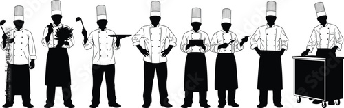 Professional chef silhouettes set showing kitchen staff in uniforms, black vector illustration for restaurant, culinary, catering, food service design