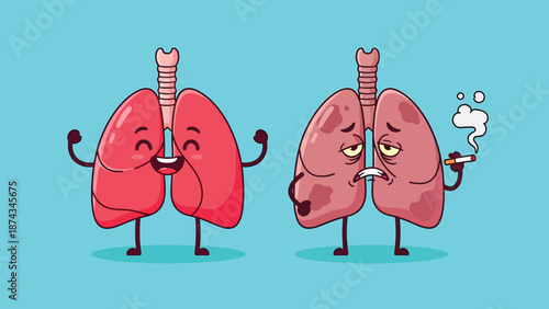 Healthy Lungs vs Smoker Lungs Cartoon Comparison.