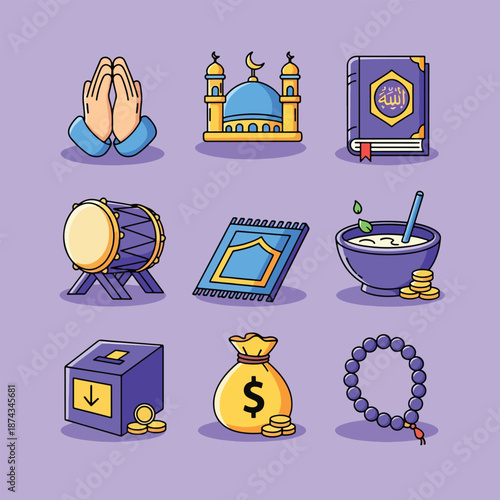 Islamic Ramadan Kareem Icons Set with Mosque Quran Prayer Beads and Zakat.