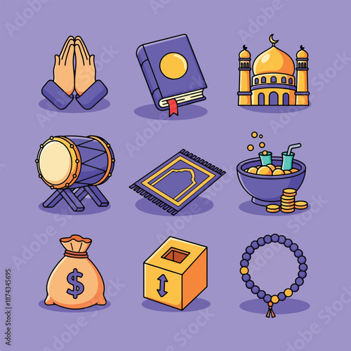 Islamic religious symbols and objects collection for Ramadan celebration.