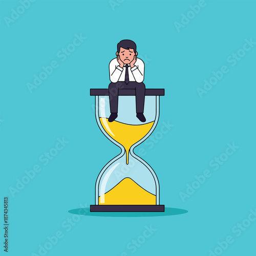 Man sitting on hourglass feeling stressed about time passing.
