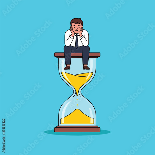 Man sitting on hourglass feeling stressed about time passing.