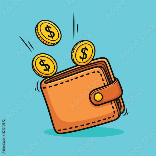 Orange Wallet with Falling Gold Coins Illustration.