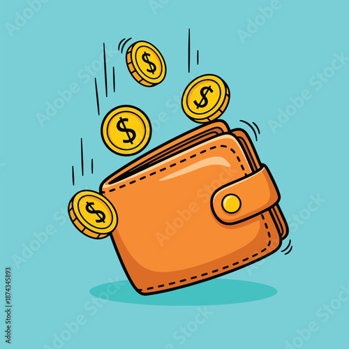 Orange wallet with falling coins illustration.