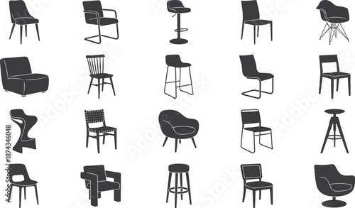 Collection of modern chair silhouettes in different styles including dining, office and bar seating isolated on white background for interior design