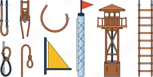Rope climbing and obstacle course equipment set with knots, ladders, flags and watchtower, colorful flat vector illustration for adventure training design