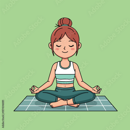 Young woman meditating in lotus pose on yoga mat.