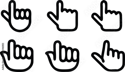 Hand cursor icons with pointing finger, various gestures including upward point and full hand view