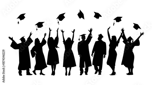 A group of students wearing graduation gowns and caps, throwing their mortarboards into the air, celebrating success silhouette vector.