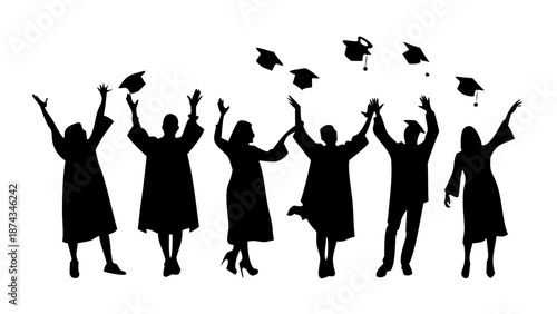A group of students wearing graduation gowns and caps, throwing their mortarboards into the air, celebrating success silhouette vector.