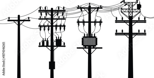 Set of electric power line pole silhouettes with transformers and cables isolated on white background for energy and utility design