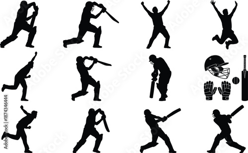 Set of black cricket player silhouettes batting, bowling and celebrating poses with equipment isolated on white background for sports design