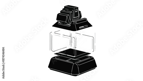 Disassembled black smartphone with transparent casing on white background