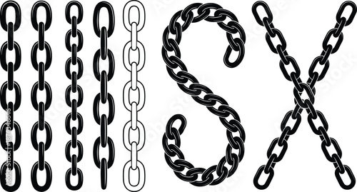 Set of black metal chain silhouettes forming letters and patterns isolated on white background for industrial design and typography projects