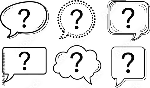 Speech bubble question mark vector set featuring various outline chat shapes for communication, help, support, and message designs