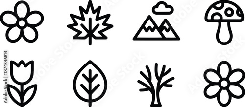 Diverse set of black outline icons depicting natural elements such as flowers leaves and majestic mountains
