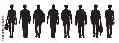 eight black silhouettes of people walking carrying bags and
