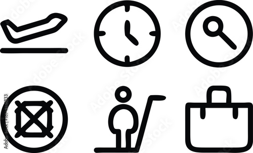 Airport travel icons with airplane, clock, baggage claim, prohibited item, luggage cart, and suitcase