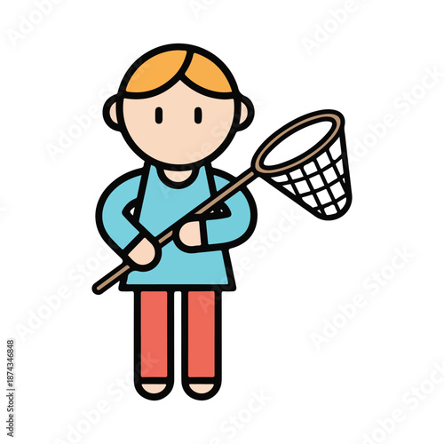 Young fisherperson catching dreams: playful illustration of a kid holding a net by the lake