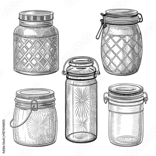 Detailed illustration of five unique glass jars with various lid designs and patterns on transparent background