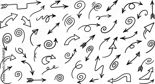 Hand-drawn doodle arrow vector set featuring swirls, curves, loops, and sketchy directional elements for creative design projects