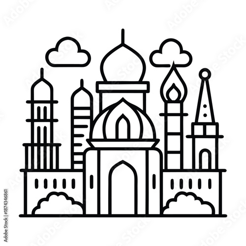 Mosque vector with courtyard fountain arches and decorative windows traditional Islamic design